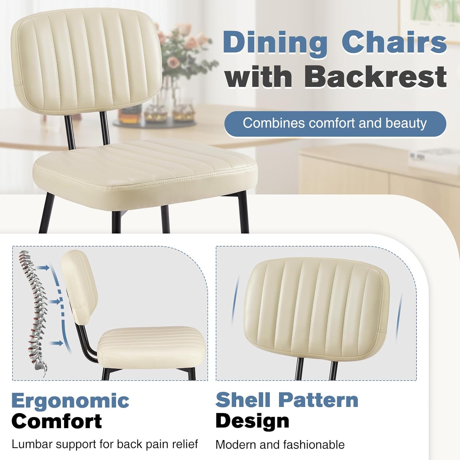 DUMOS Dining Chairs Set of 4, Upholstered Mid-Century PU Leather Accent Chair with Backrest and Metal Legs for Kitchen, Living Room, Beige White