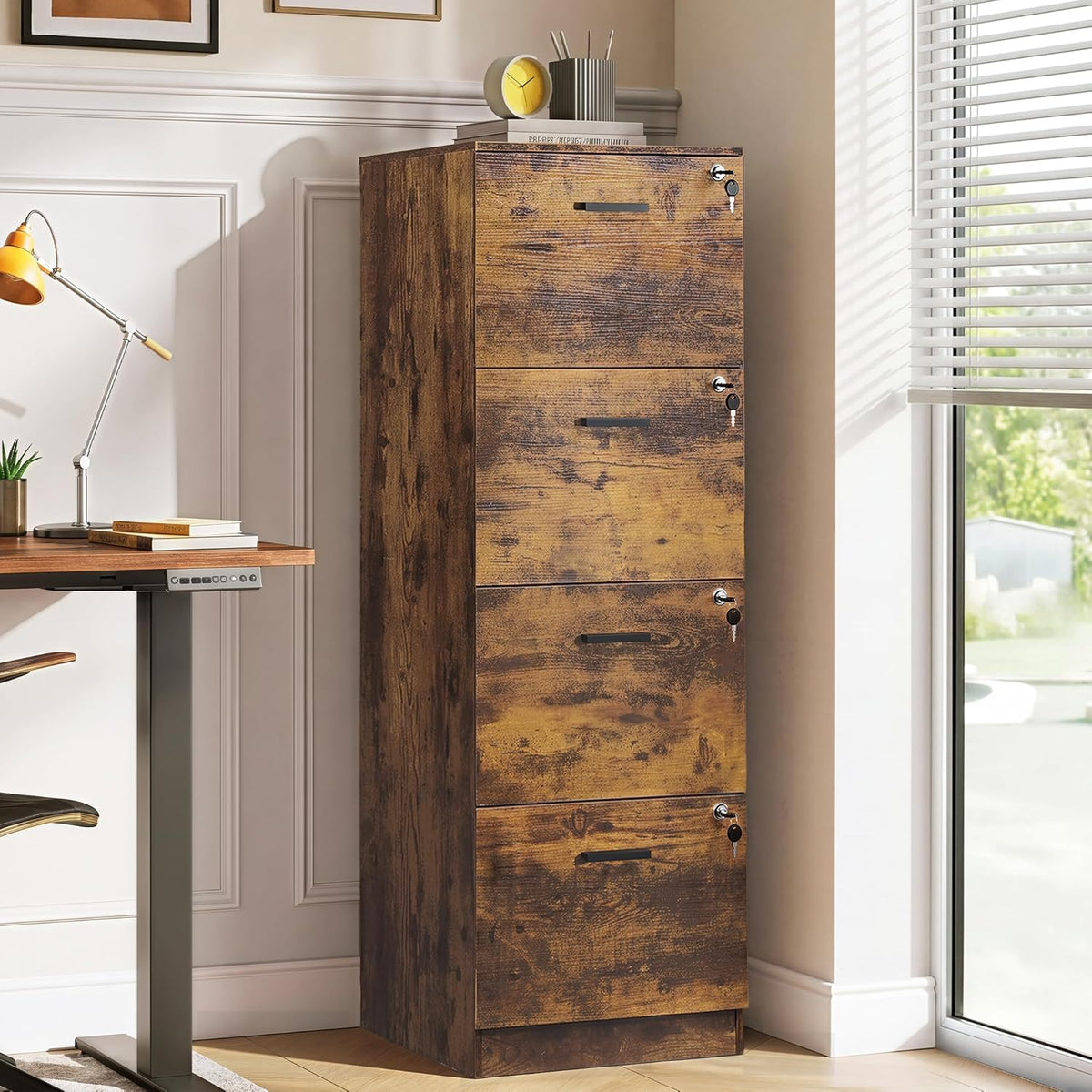 DEVAISE 4 Drawer Vertical File Cabinet, Wood Filing Cabinet with Lock, Home Office File Storage Cabinet for Letter and A4 Size, Printer Stand, Rustic Brown