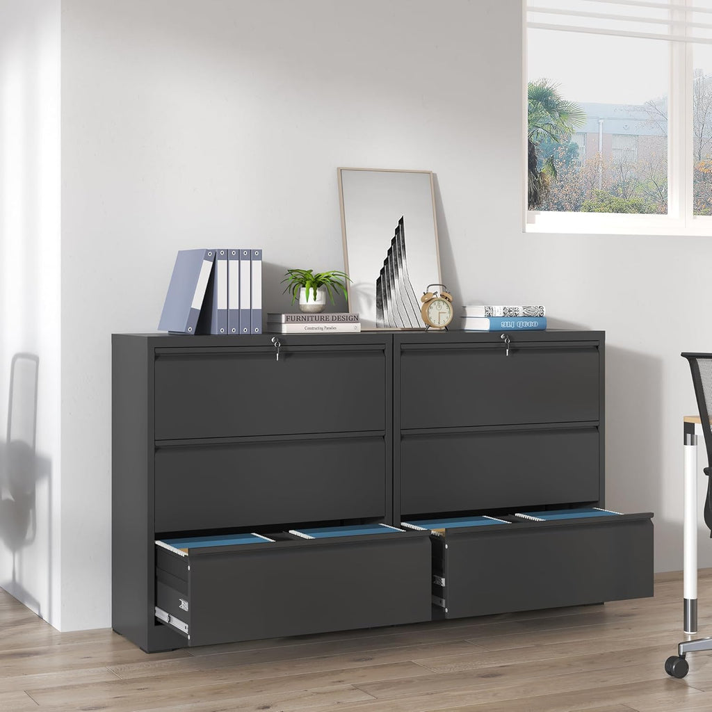 IKIMI 3 Drawer Lateral File Cabinets with Lock,Black Metal Lateral Filing Cabinet for Home Office,Wide Steel Storage Cabinet Commercial Drawer Cabinets for Legal/Letter/A4 Size Files Assembly Required