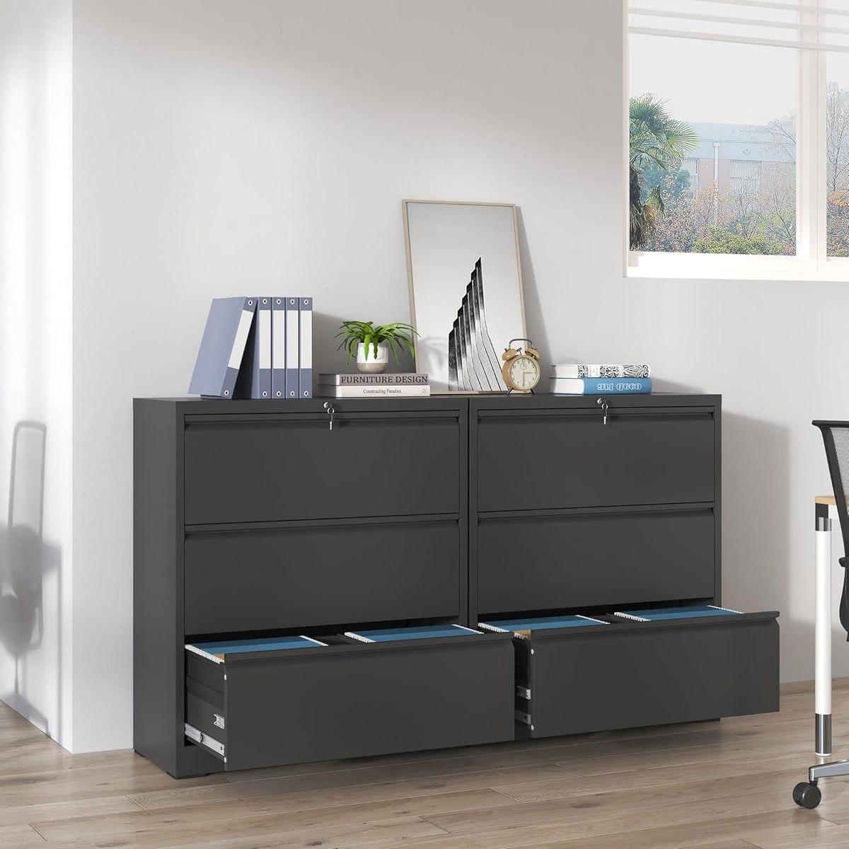 IKIMI 3 Drawer Lateral File Cabinets with Lock,Black Metal Lateral Filing Cabinet for Home Office,Wide Steel Storage Cabinet Commercial Drawer Cabinets for Legal/Letter/A4 Size Files Assembly Required