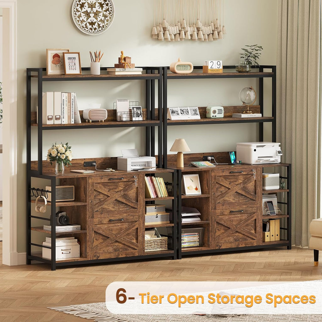 SEDETA File Cabinet, Filing Cabinet fits Legal/Letter/A4 Size, 2 Drawer Filing Cabinets for Home Office with Lock, Power Strip and Open Storage Shelves, Rustic Brown