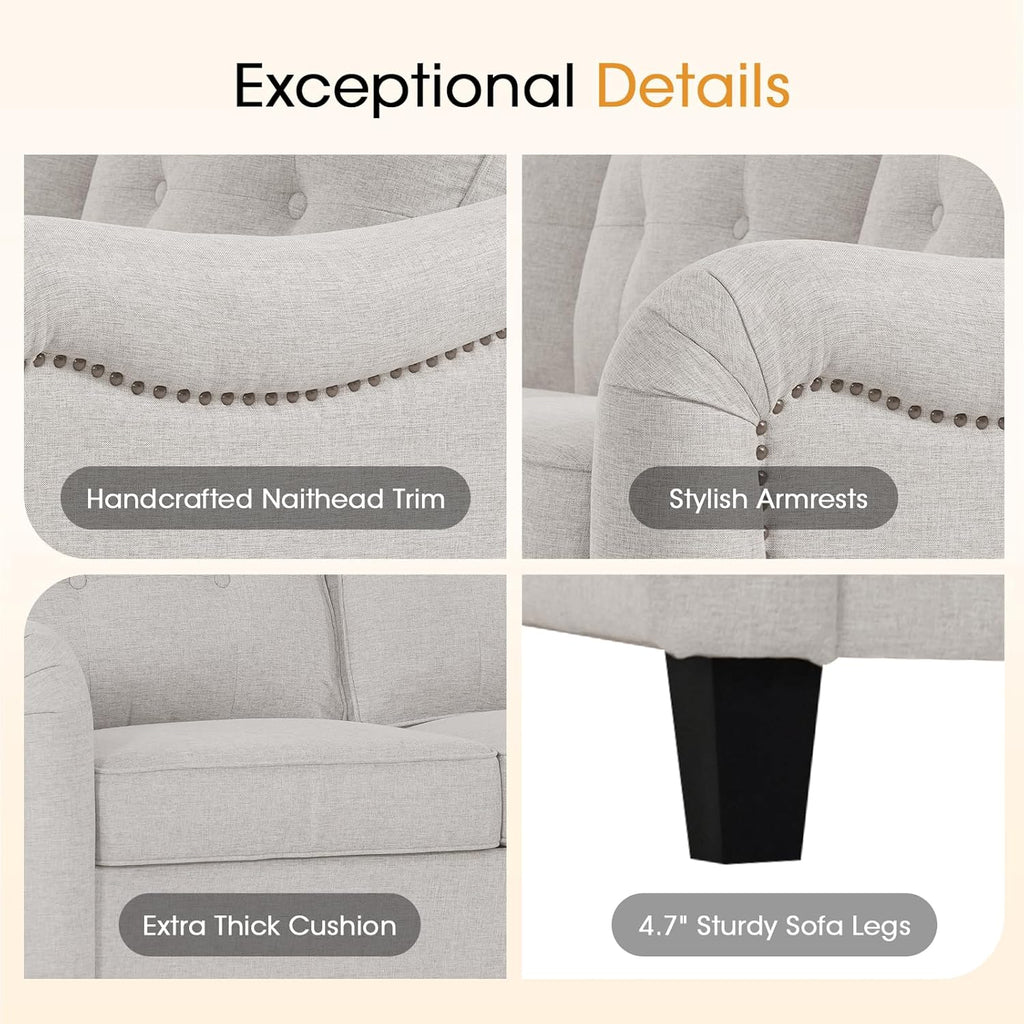 3 Piece Sofa and Loveseat Sets,Three Seat Sofa and Loveseat,Singel Armchair with Nail Head Trim Linen Upholstered with Tufted Back Cushions Curved Armrests Couches for Living Room Beige