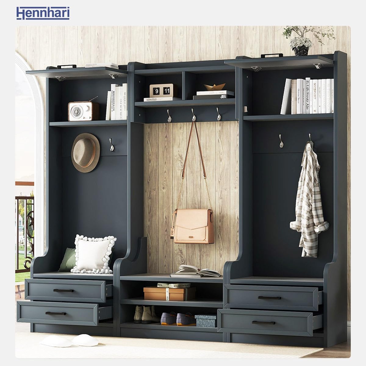 4-in-1 Entryway Hall Tree with Open Shelves and Shoe Storage Bench, Mudroom Detachable Coat Rack with Drawers and Hooks, Entryway Storage Cabinet for Hallway, Foyer (AntiqueBlue)