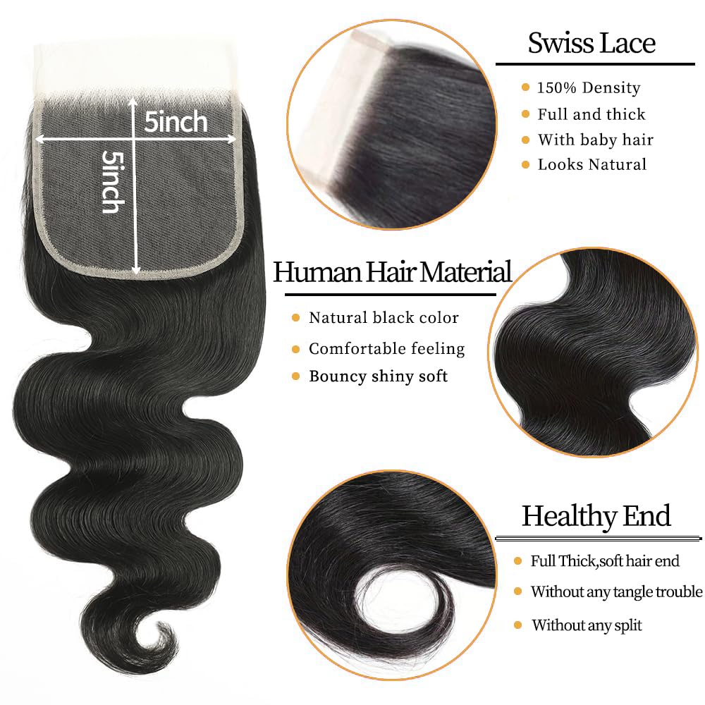 12A Human Hair Bundles with Closure 18 20 22 24+16 Inch Brazilian Body Wave 4 Bundles Human Hair with 5x5 HD Lace Closure Unprocessed Virgin Human Hair Natural Black