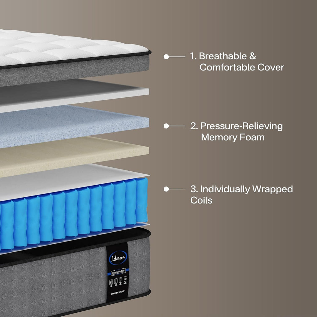 LETMOON 14 Inch Queen Mattress, Luxury Hybrid Queen Size Mattresses with Cooling Gel Memory Foam, Pocket Springs, Deep Pressure Relief, Edge Support & Motion Isolation, Medium