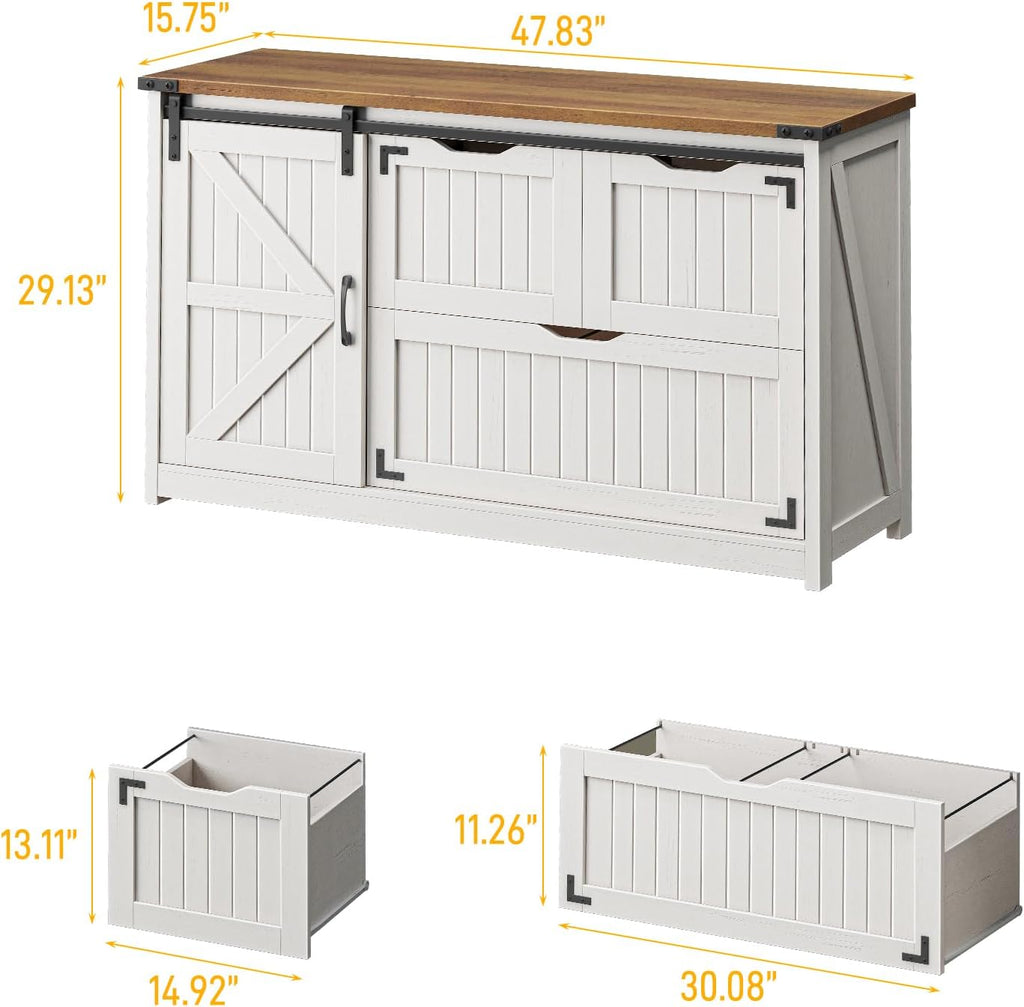 Halitaa 47.8” Farmhouse Lateral File Cabinet with Sliding Barn Door, 3 Drawers Filing Storage Cabinets with Adjustable Shelf, Office Printer Stand for Hanging Files Letter/Legal/A4/F4.Off White