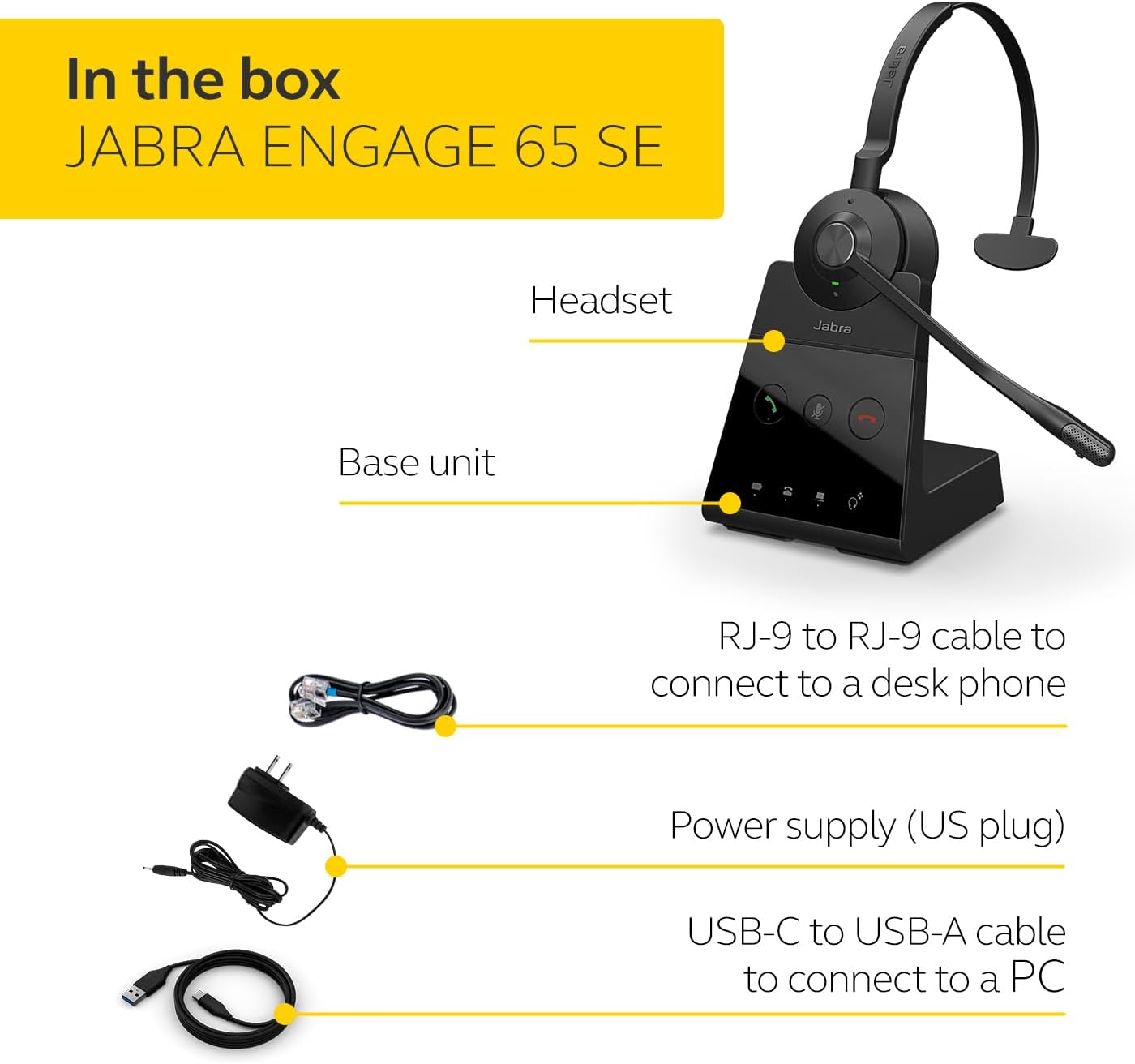 Jabra Engage 65 SE (Second Edition) Wireless Headset, Single-Ear – Telephone Headset with Industry-Leading Wireless Performance, Advanced Noise-Cancelling Microphone, All Day Battery Life - Black