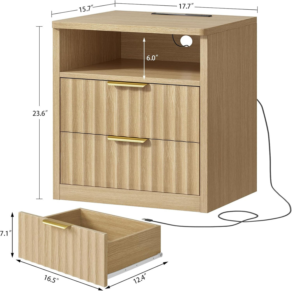 TEENFON Fluted Nightstands Set of 2, Night Stand with Charging Station and LED Light, Storage Drawer and Open Shelf, Modern Bedside Table for Small Space, for Bedroom, Natural