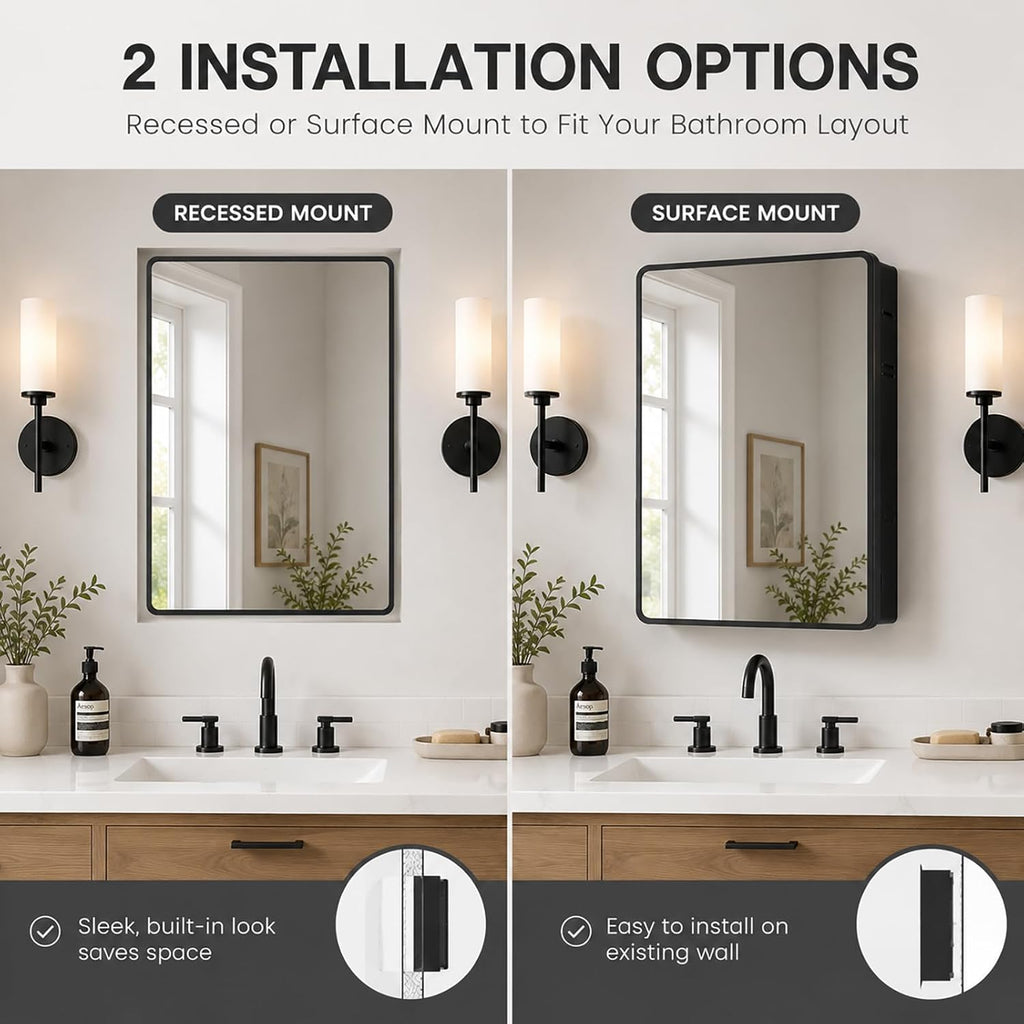 Medicine Cabinet with Mirror, 16x22 inch Black Recessed Medicine Cabinet or Surface Wall Mount Bathroom Cabinets with Adjustable Shelves Metal Framed Mirror, Rounded Rectangle Storage Cabinet