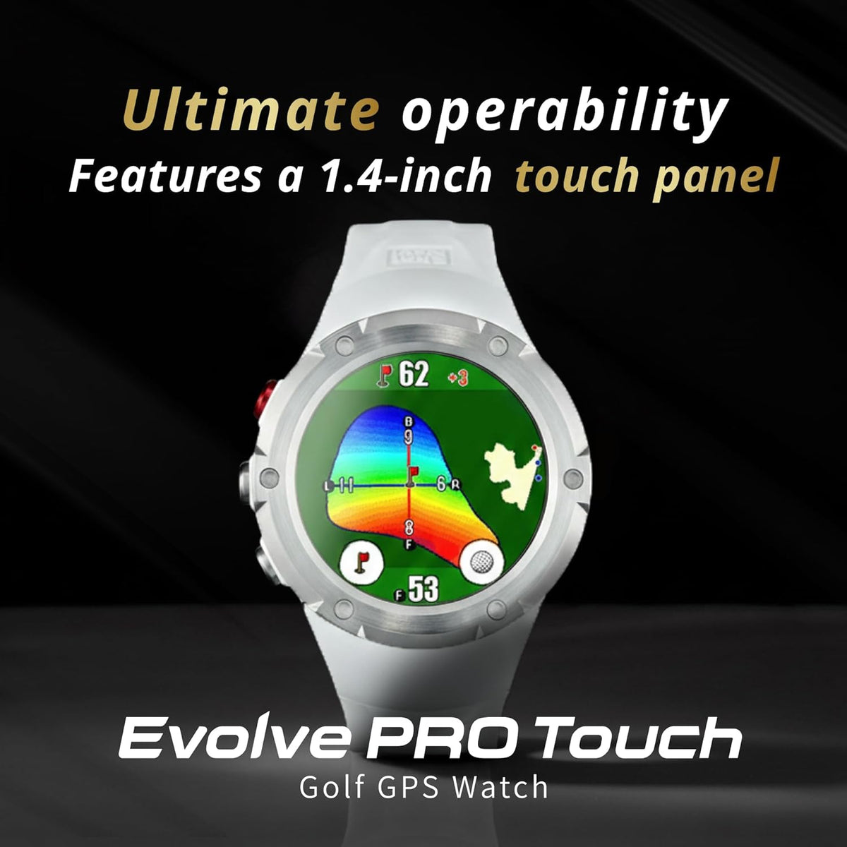 Golf GPS Watch, Shot Navi Evolve PRO Touch - 1.4in Touch Panel, Dynamic Green Heatmap, Auto Measure, 8hr GPS, IPX7 Waterproof, 60,000 Courses, Made in Japan (Black)