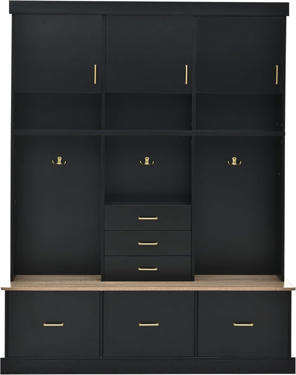 Hall Tree with Storage Bench & Coat Rack 58''W Modern Tall Entryway Oranizer Cabinet with 6 Drawers, 3 Metal Hooks for Living Room Hallway Mudroom, Black