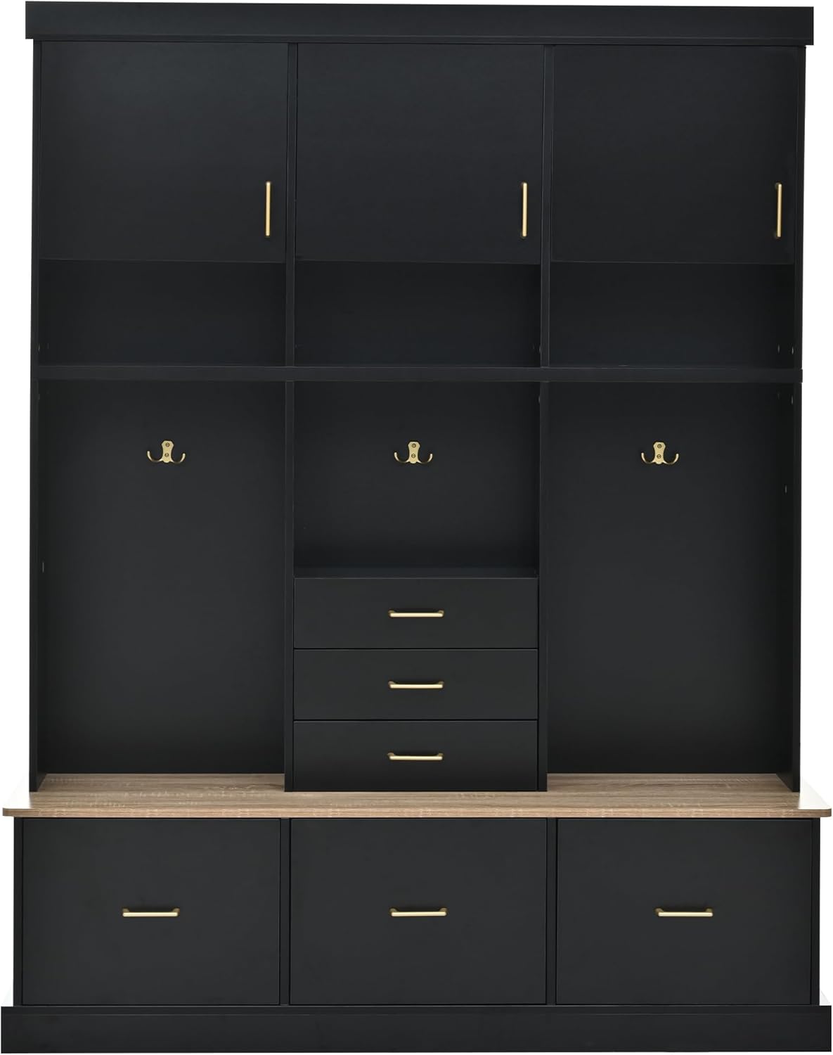 Hall Tree with Storage Bench & Coat Rack 58''W Modern Tall Entryway Oranizer Cabinet with 6 Drawers, 3 Metal Hooks for Living Room Hallway Mudroom, Black