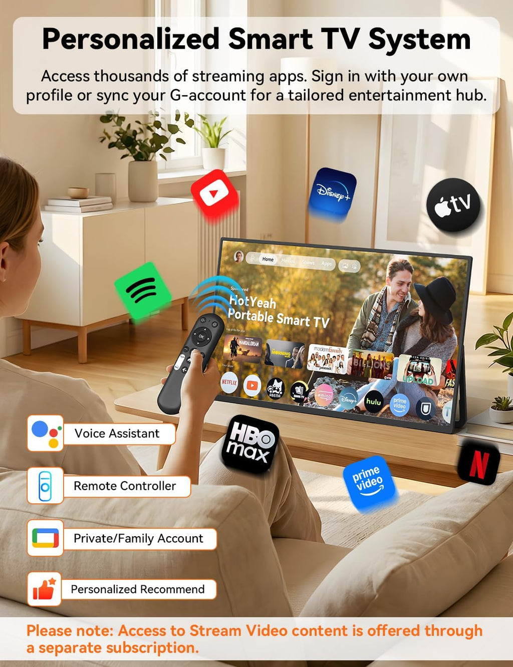 HotYeah Portable Smart TV, EDLA-Certified, 23.8" 1080P 2-in-1 Rolling TV & Monitor, w/Built-in 10000mAh Battery, Support Voice Control, USB-C & HDMI, 180° Adjustable Kickstand