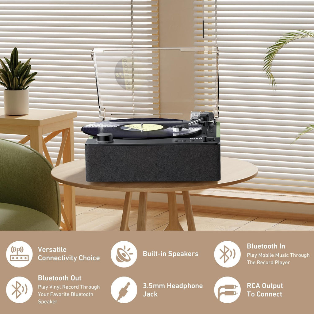 MYKESONIC Fully Automatic Record Player, Bluetooth Belt Drive Vinyl Turntable, Magnetic AT-3600L Cartridge, Bluetooth in & Out, Hi-Fi Stereo Speakers, Aux in Headphone, RCA Out (Green)