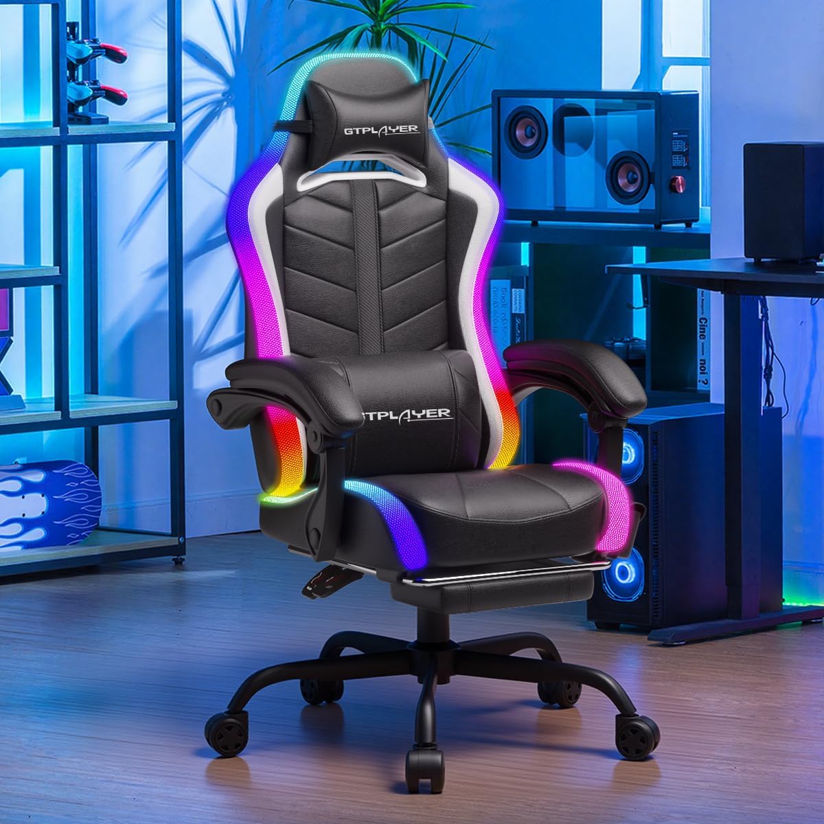 GTPLAYER Gaming Chair, Computer Chair with RGB LED Lights, High Back Ergonomic Chair for Adults with Footrest and Linkage Armrests& Headrest Lumbar Support (with Bluetooth Speakers)