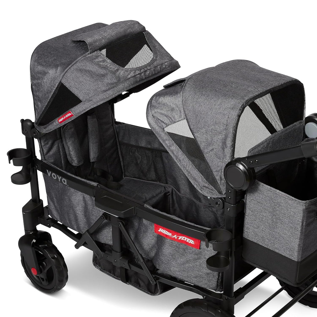 Radio Flyer Voya Stroller Wagon, for Toddlers and Kids 6+ Months, Push or Pull, 2 Seats, Dual Sun Canopies, Compact Fold, Lightweight, Storage Space, 5-Point Harnesses, Stroller Wagon for Kids