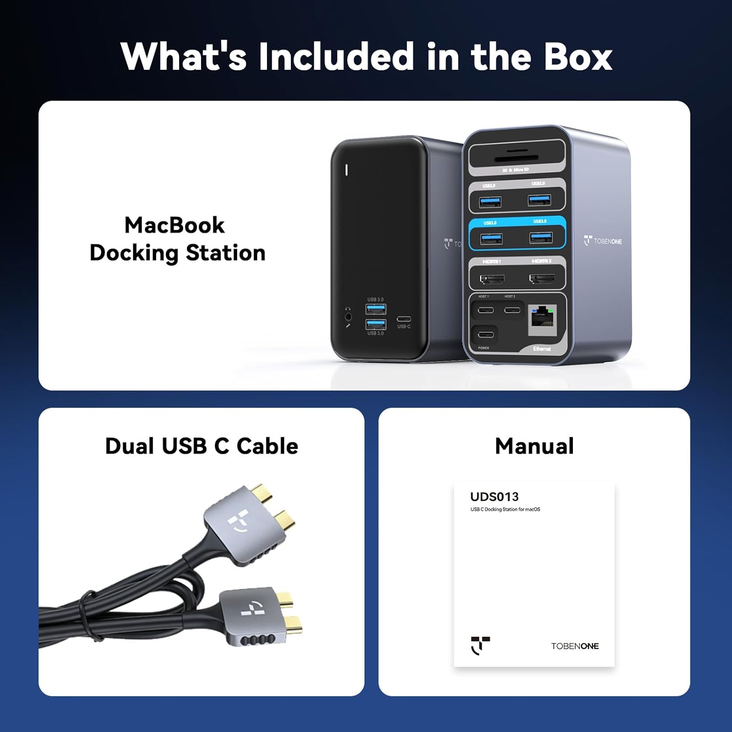 TobenONE 16-in-2 MacBook Docking Station Dual 4K@60Hz, USB C Dock with 2 HDMI/7 USB/Ethernet, for Business Users Home & Office Dual Monitor Setup