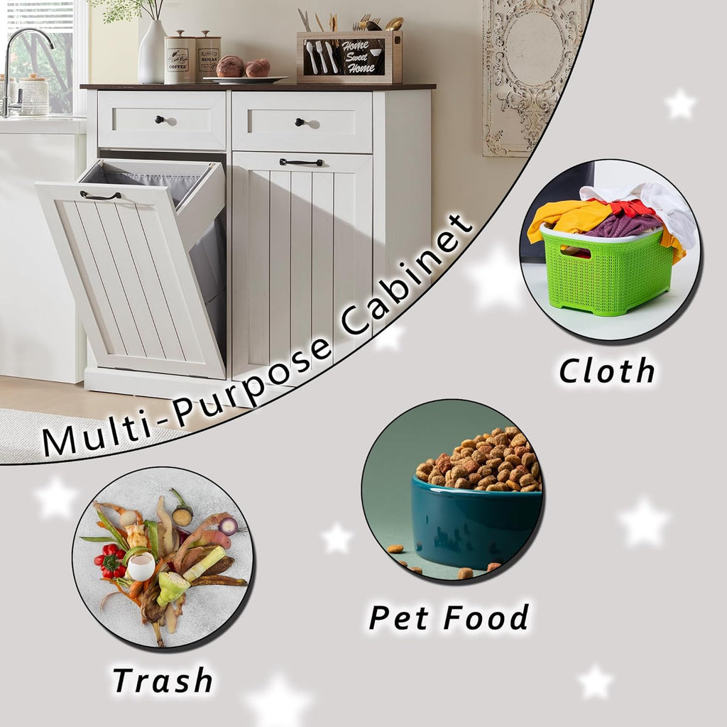IFGET Double Tilt Out Trash Cabinet, 20 Gallon Farmhouse Laundry Hamper Cabinet with 2 Drawers, Hidden Wooden Trash Can Cabinets with Storage Basket for Kitchen, Living Room (Antique White)