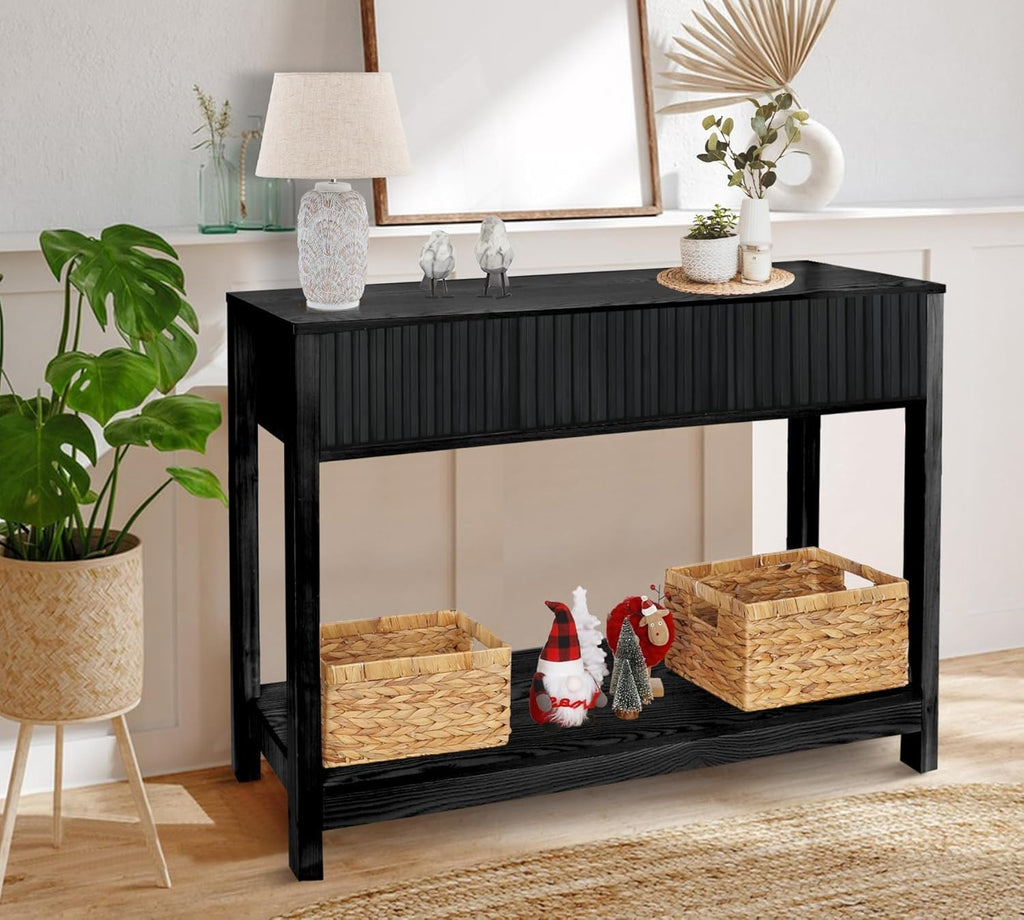 Fluted Console Table, Long Console Tables for Entryway 48" Vanity Desk, Black Boho Entry Table Narrow Modern Hallway Table Modern Sofa Table for Living Room