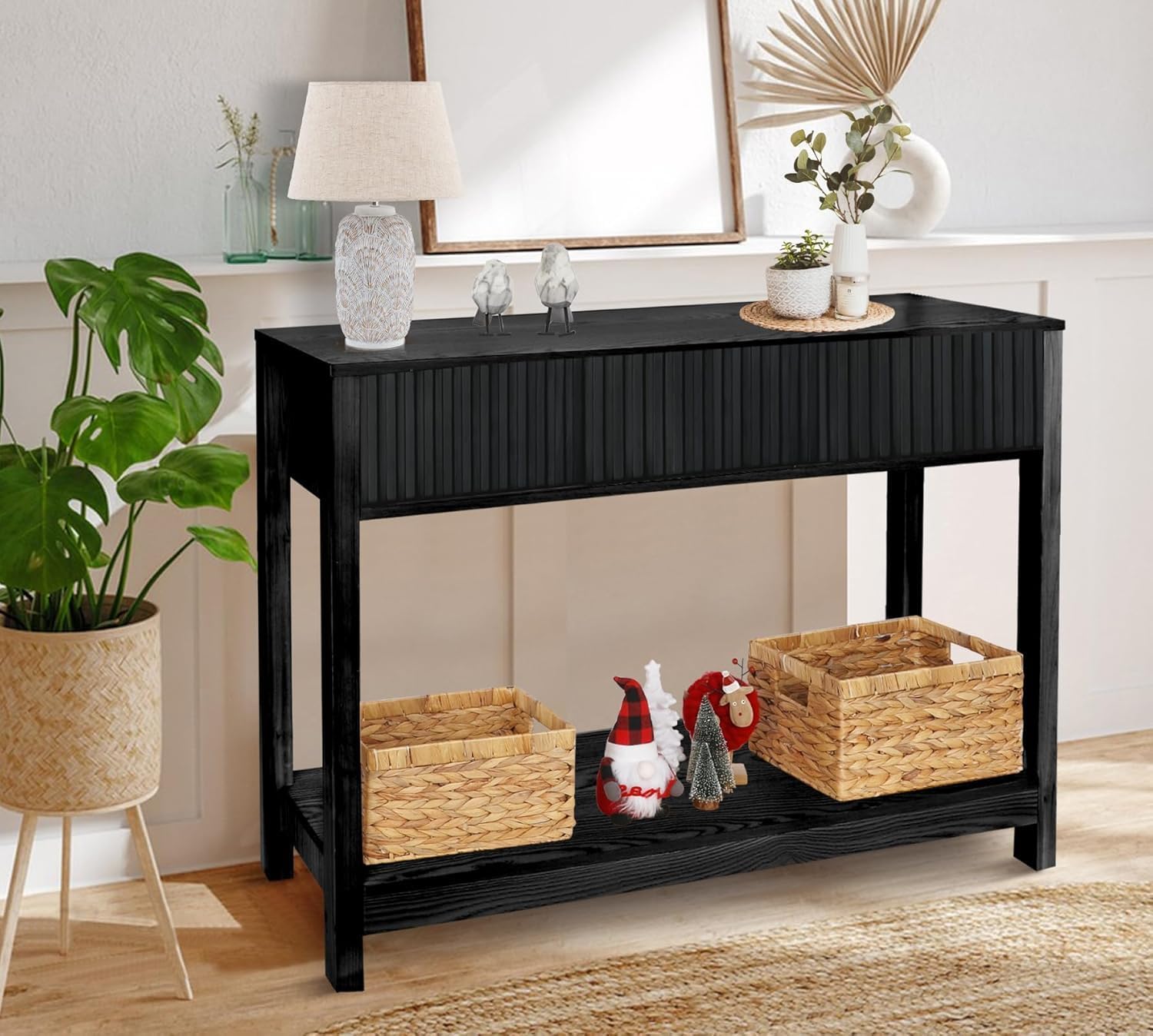 Fluted Console Table, Long Console Tables for Entryway 48" Vanity Desk, Black Boho Entry Table Narrow Modern Hallway Table Modern Sofa Table for Living Room