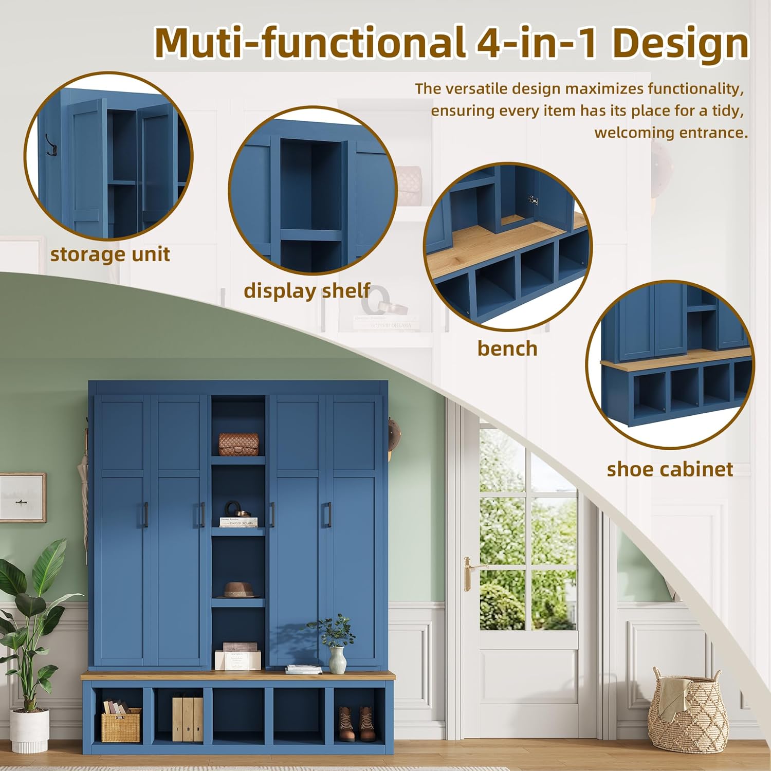 LUMISOL 4-in-1Wide Hall Tree with Wood Grain Bench and 8 Open Compartments, Farmhouse Style Entryway Bench with Storage Unit and 6 Hooks, 62.9" Rustic Coat Rack for Hallway Living Room, Blue