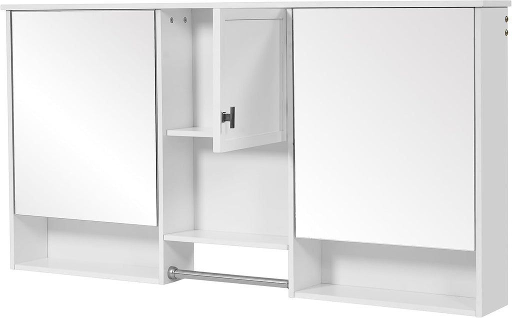 Merax Medicine Cabinet for Bathroom, Wall Mount Bathroom Cabinet with Mirror, Open Shelf, and Towel Bar, 55" W x 28.7" H Over The Toilet Mirrored Bath Wall Cabinet