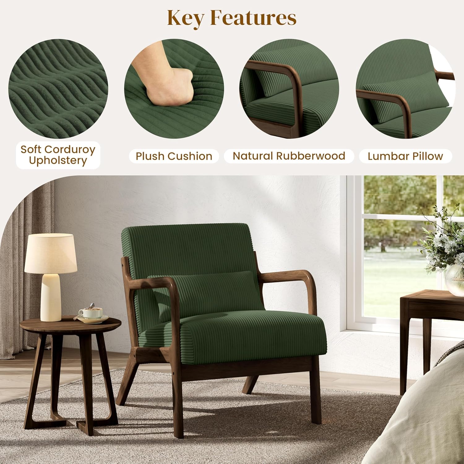Yaheetech Accent Chair for Living Room, Corduroy Mid Century Modern Reading Armchairs with Lumbar Pillow for Bedroom, Decorative Sofa Chair for Adult Dark Green/Set of 2