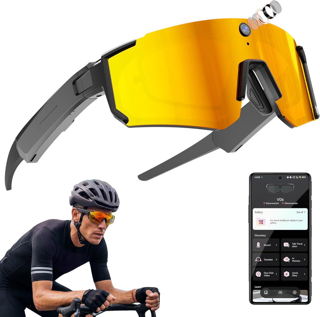 Sport AI Smart Glasses with Camera and EIS Stabilization, Bluetooth 8MP HD Camera 1200P Video Recording, AI Voice Assistant Photo Recognition, Real-Time Translation, Polarized Lenses Sunglasses
