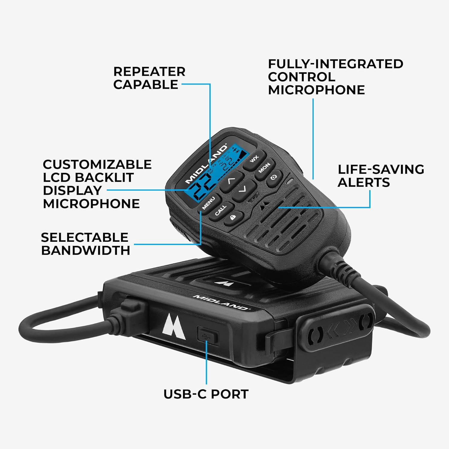 Midland - MXT275VP4-15 Watt GMRS MicroMobile Two-Way Radio - ATVs UTVs and Other Off-Road Vehicles - Overlanding Gear - Extended 3dB gain Roll Bar Mount Antenna Microphone Extension Cable