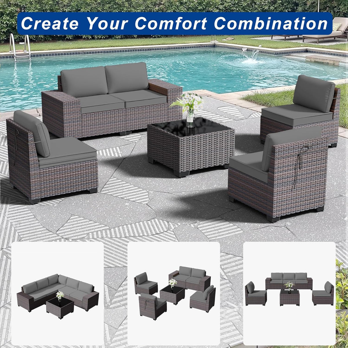 Outdoor Patio Furniture Set, 6 Pieces Outdoor Sectional Furniture High Backrest Patio Sofa, All-Weather PE Rattan Patio Conversation Set with Coffee Table & Cushions