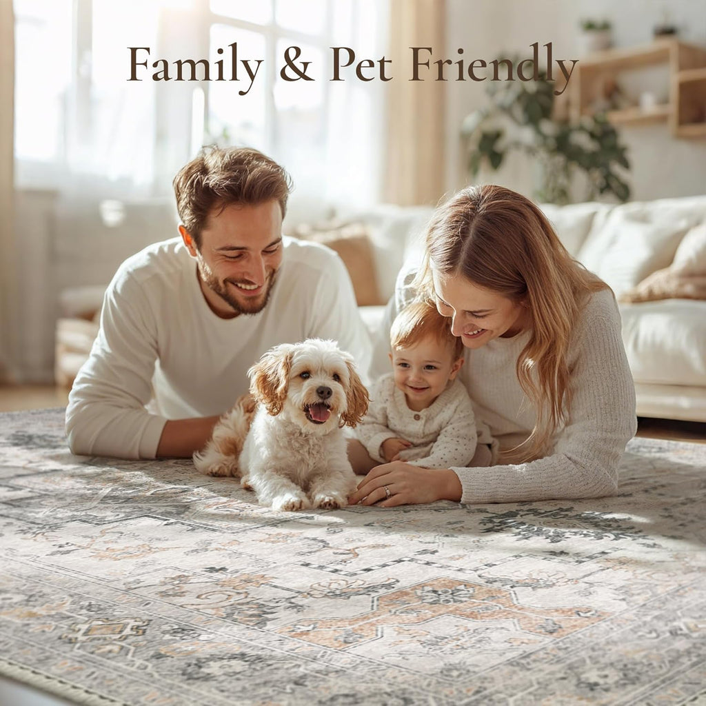 GENIMO 8x10 Area Rugs for Living Room, Machine Washable Non Slip Vintage Rugs, Low Pile Lightweight Chenille Print Rug for Bedroom, Dining Room, Home Office, Light Taupe Brown