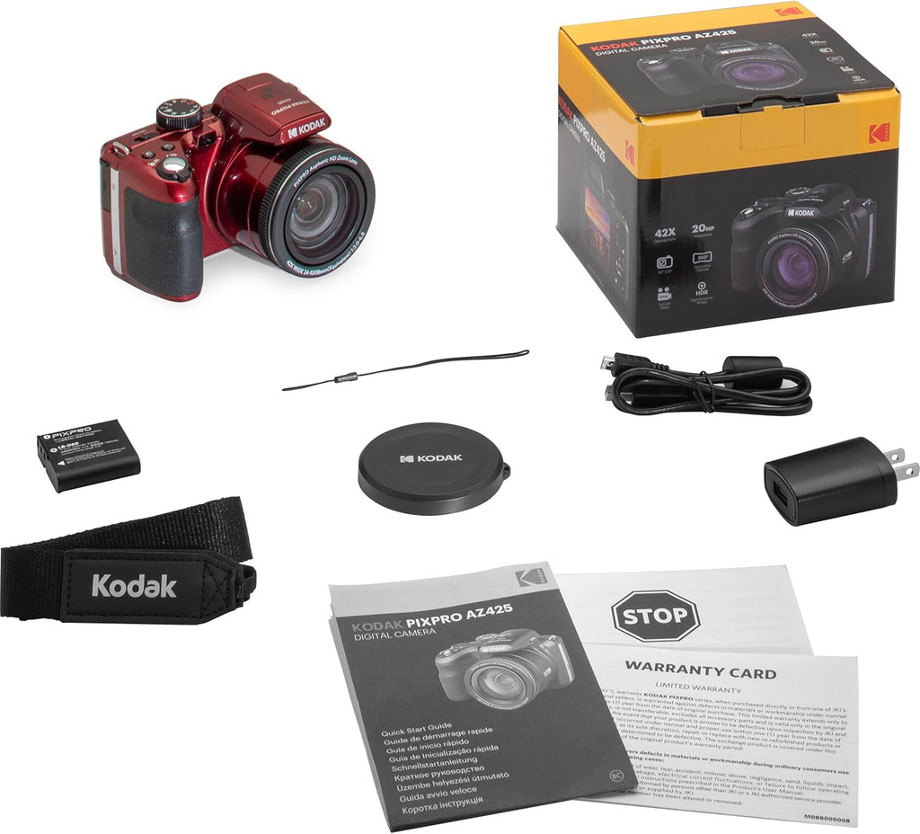 Kodak PIXPRO AZ425 Digital Camera + 64GB Memory Card + Camera Case (Black) + USB Card Reader + Table Tripod + Accessories (Red)