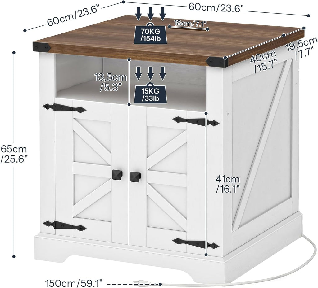 HOOBRO Farmhouse End Tables Set of 2 with Charging Station, 23.6" Large End Table for Living Room, Sofa Side Table with Barn Door, Wooden Square Nightstand Bedside Table, White and Walnut WH601UBZP201