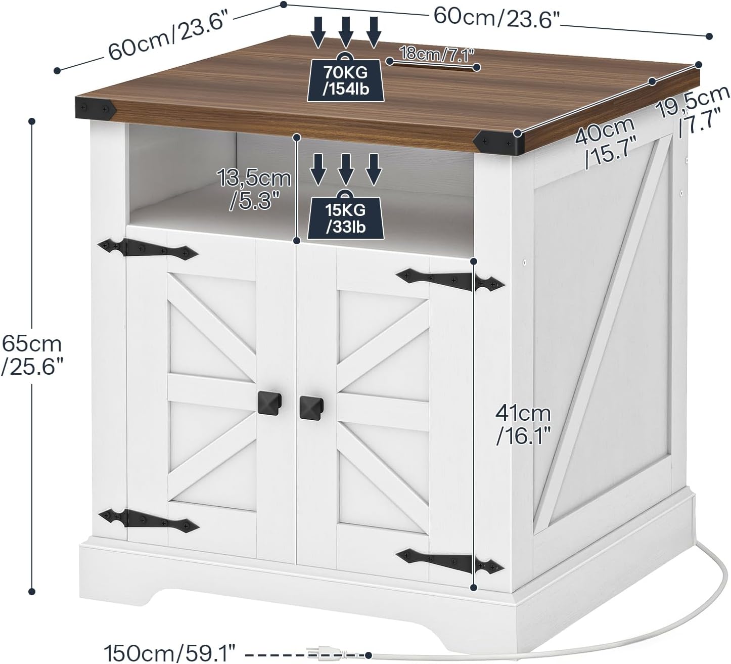 HOOBRO Farmhouse End Tables Set of 2 with Charging Station, 23.6" Large End Table for Living Room, Sofa Side Table with Barn Door, Wooden Square Nightstand Bedside Table, White and Walnut WH601UBZP201