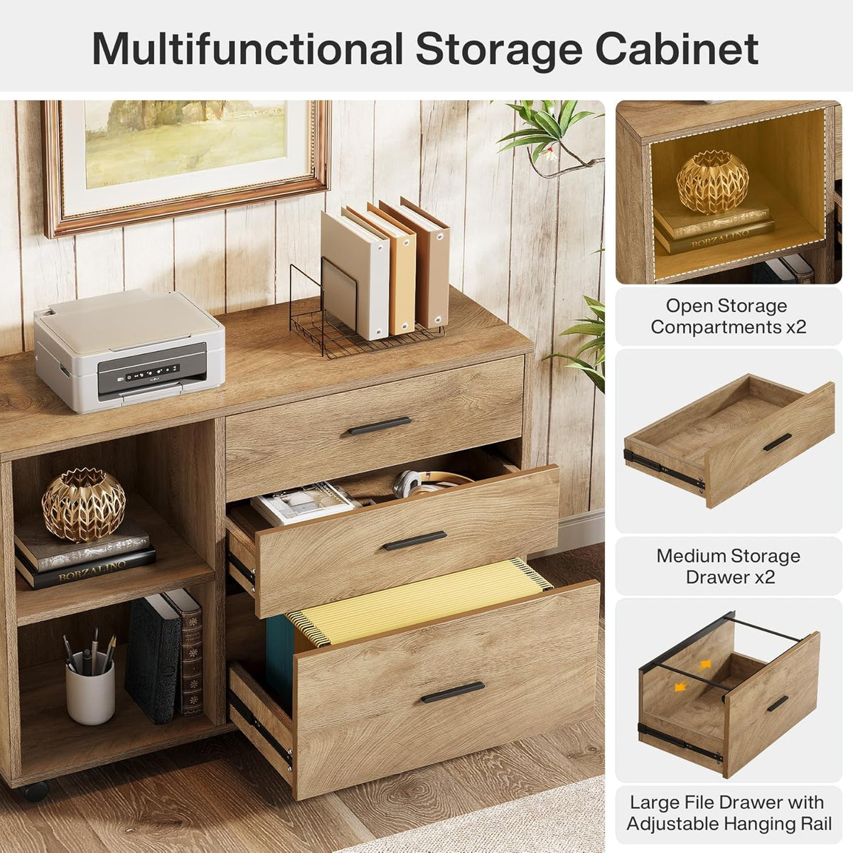 Tribesigns 39-Inch Rolling File Cabinet with 3 Drawers, Wooden Office Lateral Filing Cabinet, Modern Printer Stand with Storage Shelves for Home Office, Light Brown