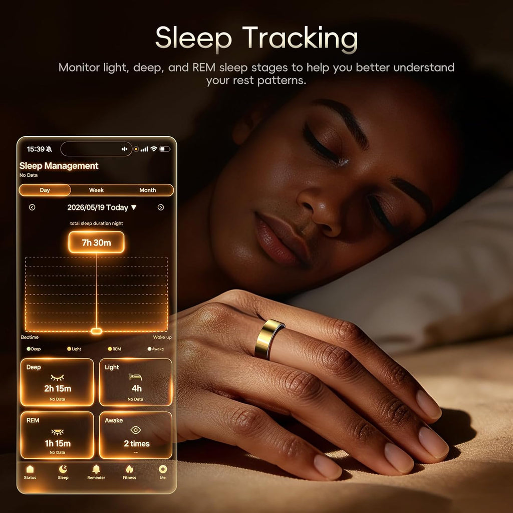 RQZ Smart Ring for Women Men, Fitness Tracker with Heart Rate Tracking, Sleep Tracking, Step Counter, Vibration Alert, 5ATM Waterproof, iOS Android Compatible, Gold Size 9