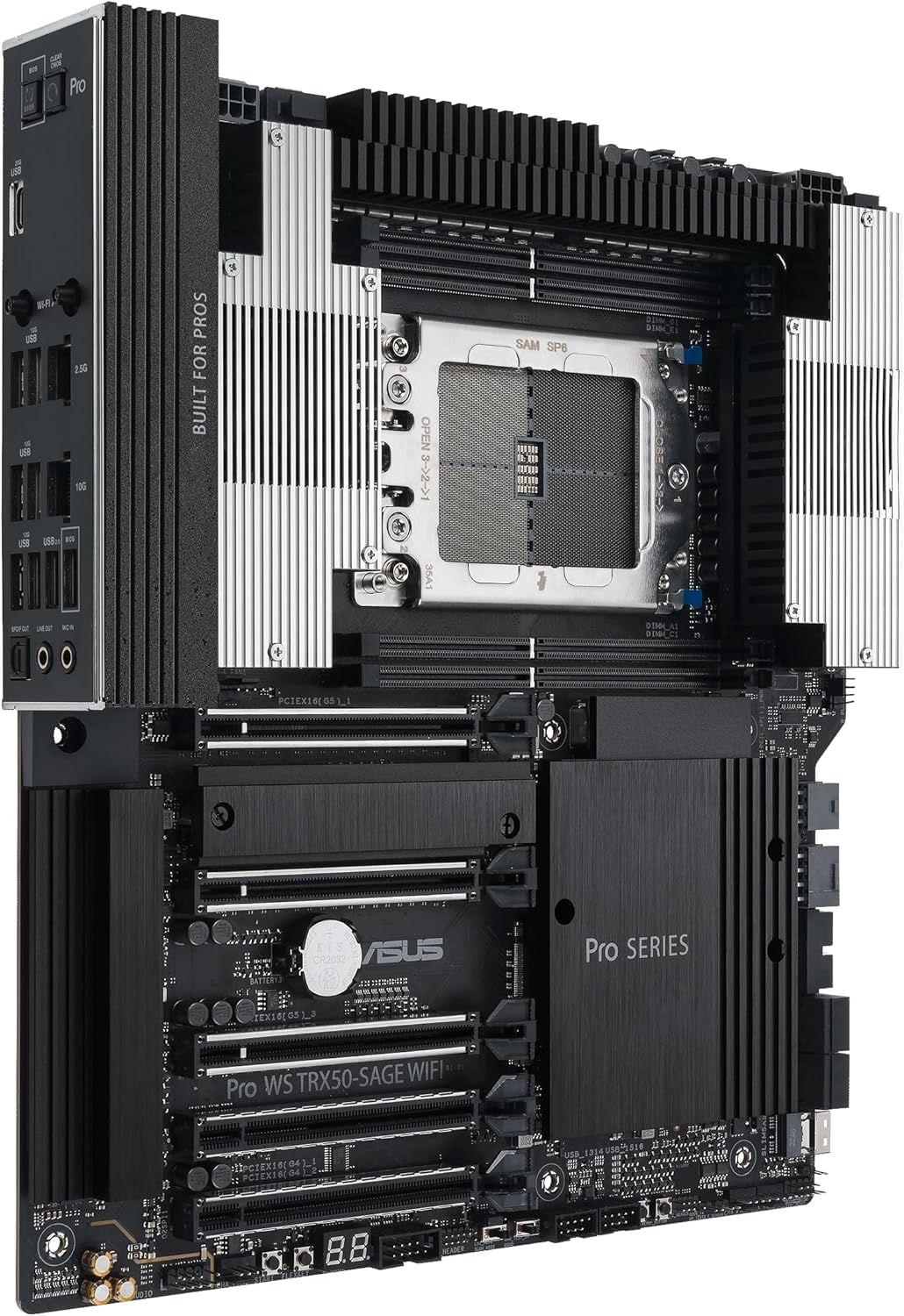 ASUS Pro WS TRX50-SAGE WIFI CEB Workstation motherboard, AMD Ryzen Threadripper PRO 7000 WX,ECC R-DIMM DDR5, 36 power-stage, WiFi 7,PCIe 5.0 x 16,PCIe 5.0 M.2, 10 Gb and 2.5 Gb LAN, multi-GPU support.