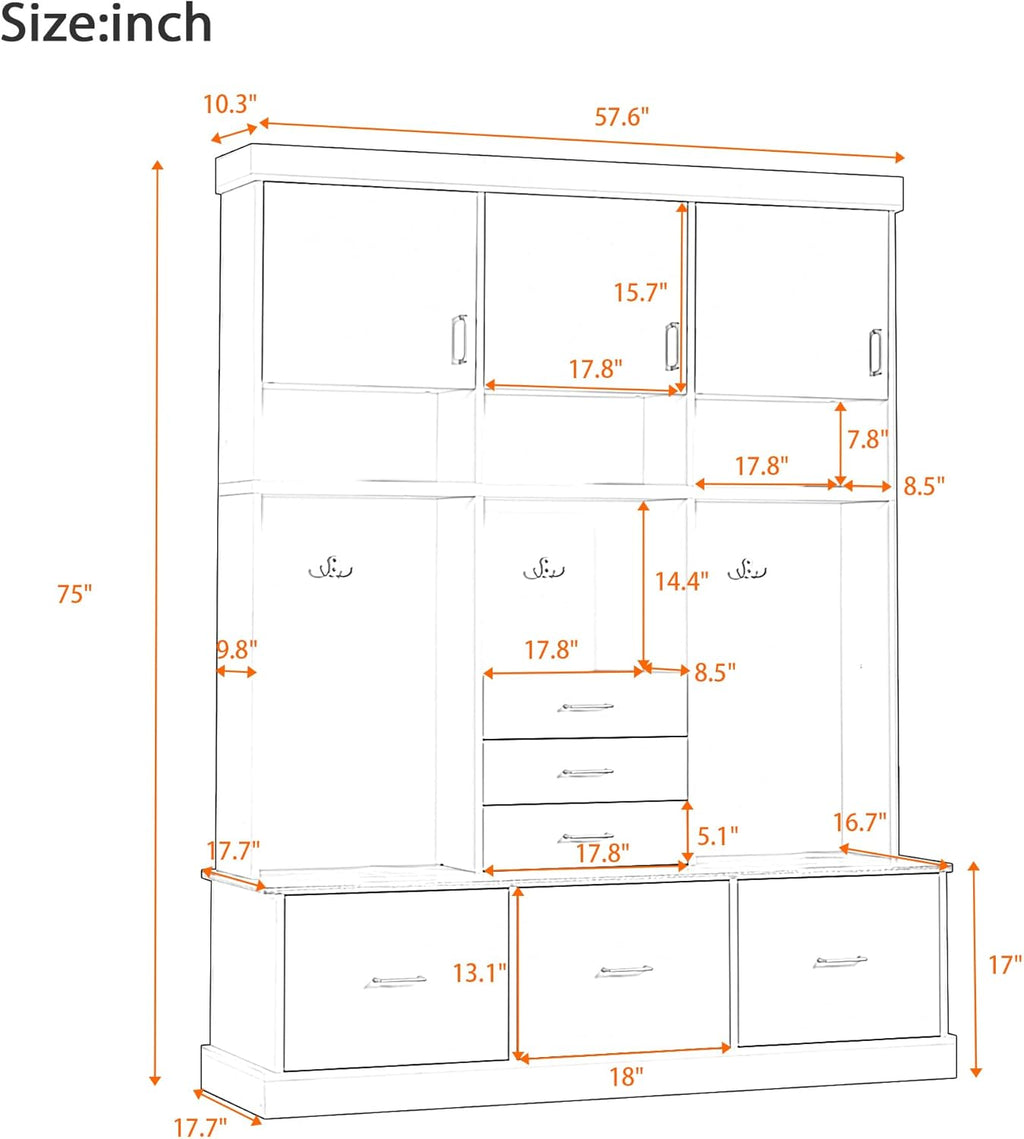 Hall Tree with Storage Bench & Coat Rack 58''W Modern Tall Entryway Oranizer Cabinet with 6 Drawers, 3 Metal Hooks for Living Room Hallway Mudroom, Black
