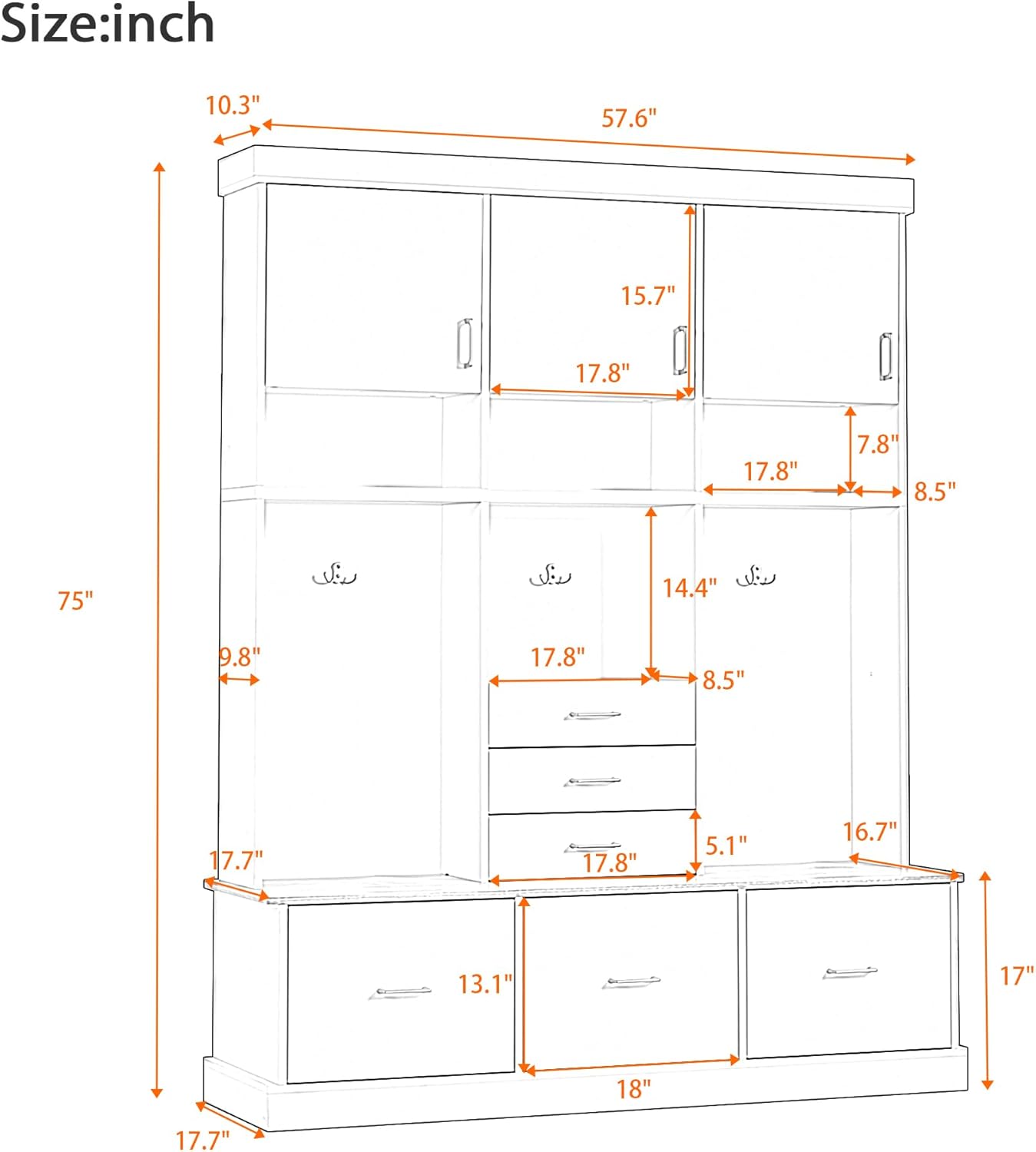 Hall Tree with Storage Bench & Coat Rack 58''W Modern Tall Entryway Oranizer Cabinet with 6 Drawers, 3 Metal Hooks for Living Room Hallway Mudroom, Black