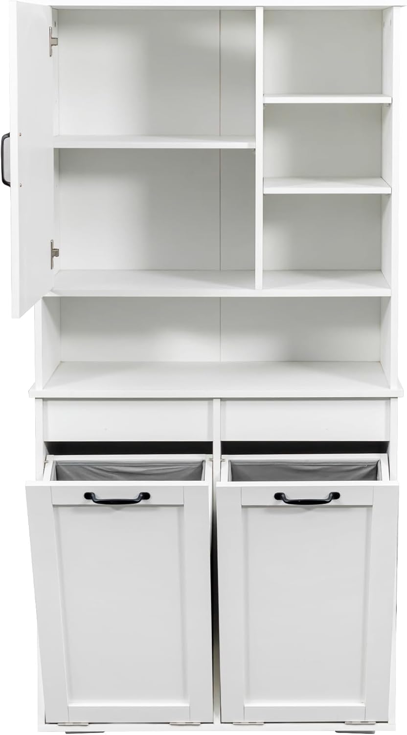 SOFTSEA Tilt-Out Laundry Hamper Cabinet, Cabinet with Doors and Open Shelf, 63 Inch Tall Accent Table for Bathrooms Laundry Room Kitchen, White