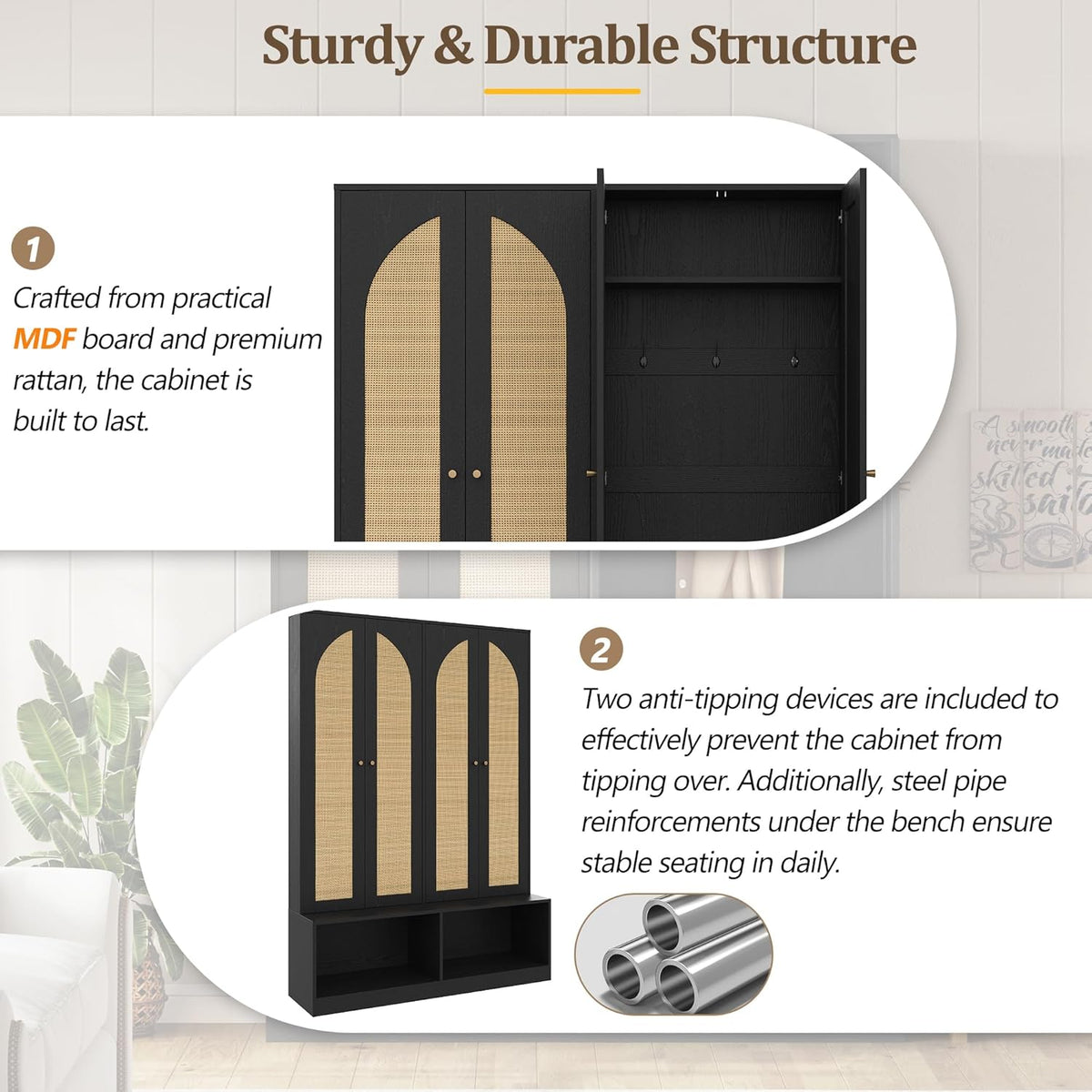 Farmhouse Widen Hall Tree with 4 Rattan Doors, Versatile 4-in-1 Seating Bench with 6 Hooks, Mid-Century Entryway Shoe Cabinet with Adjustable Shelf for Living Room (Black#55)
