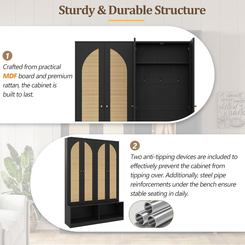 Farmhouse Widen Hall Tree with 4 Rattan Doors, Versatile 4-in-1 Coat Hanger with 6 Hooks, Mid-Century Entryway Shoe Cabinet with Adjustable Shelf for Living Room Hallway (Black-W)