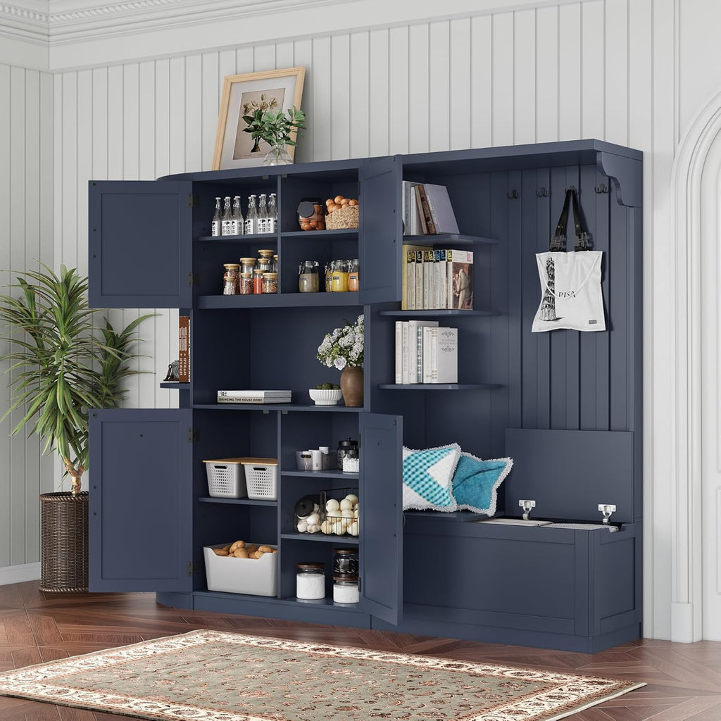 LUMISOL Wide Hall Tree with Storage and 4 Hooks, Left-Right Combination Hall Cabinet, Can Be Used Separately, Entryway Storage Cabinet with Bench, for Living Room Kitchen, Antique Blue