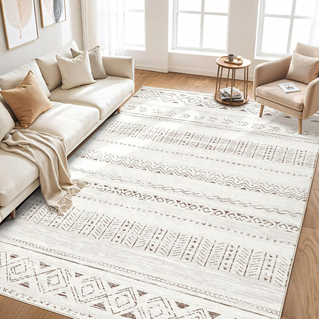 cotiled 9x12 Area Rug Living Room: Washable Boho Rugs with Non Slip Backing Large Soft Indoor Stain Resistant Carpet for Bedroom Farmhouse Dining Room Lightweight Home Decor L Brown/Cream