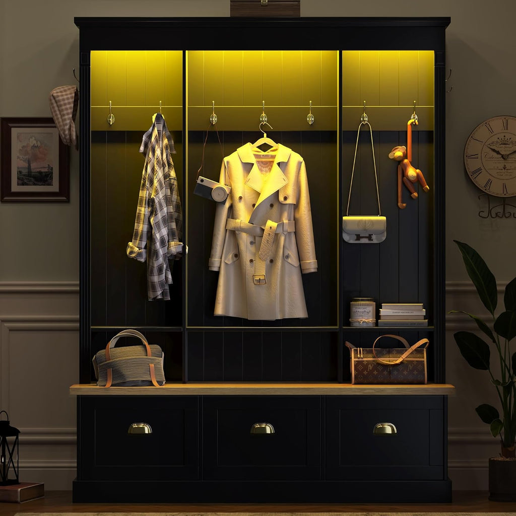 Elegant APP Controlled LED Light Hall Tree with 9 Golden Hooks, Roman Column Design Natural Storage Bench with 3 Large Cabinets, Farmhouse Entryway Organizer with Shelves for Mudroom, Hallway, Black