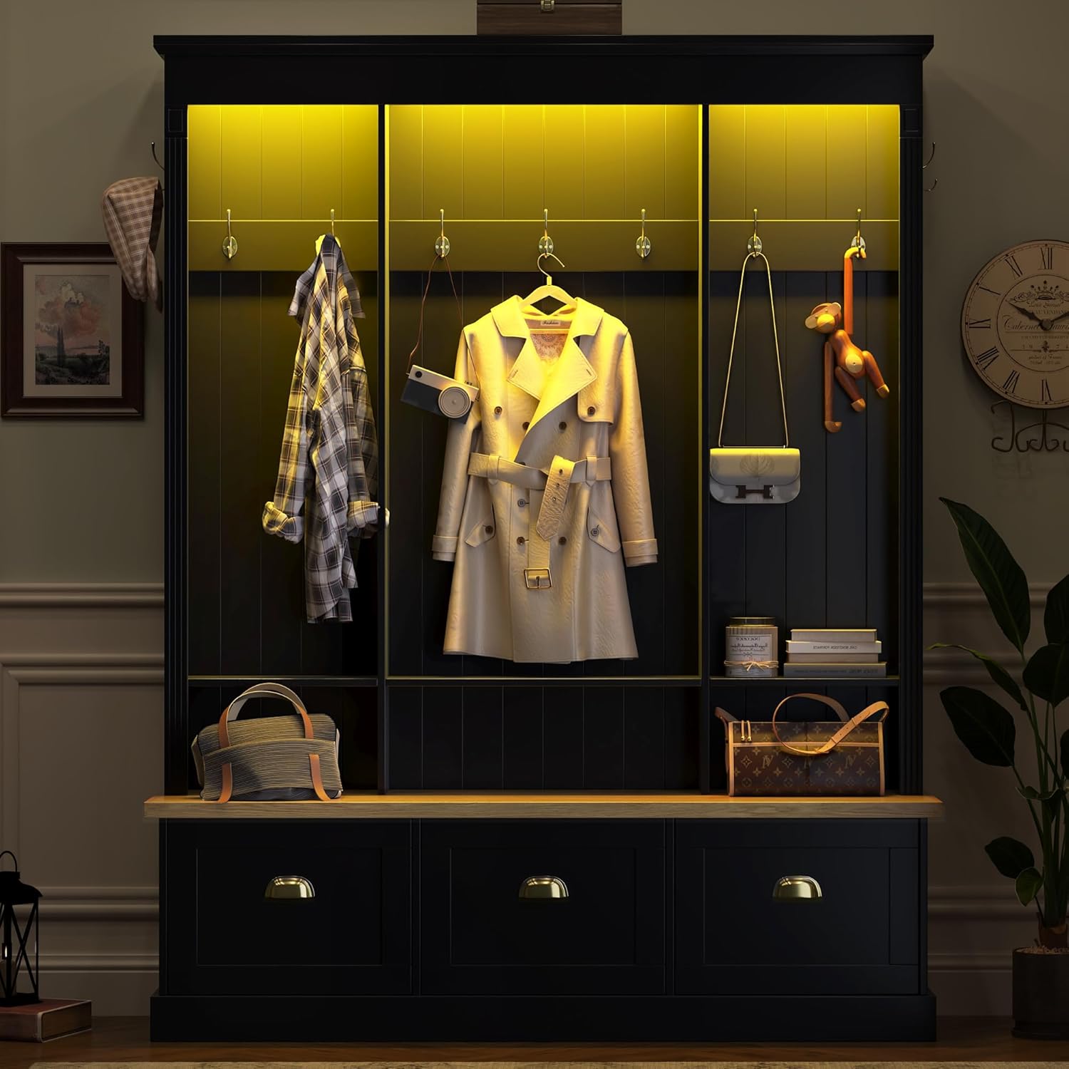 Elegant APP Controlled LED Light Hall Tree with 9 Golden Hooks, Roman Column Design Natural Storage Bench with 3 Large Cabinets, Farmhouse Entryway Organizer with Shelves for Mudroom, Hallway, Black