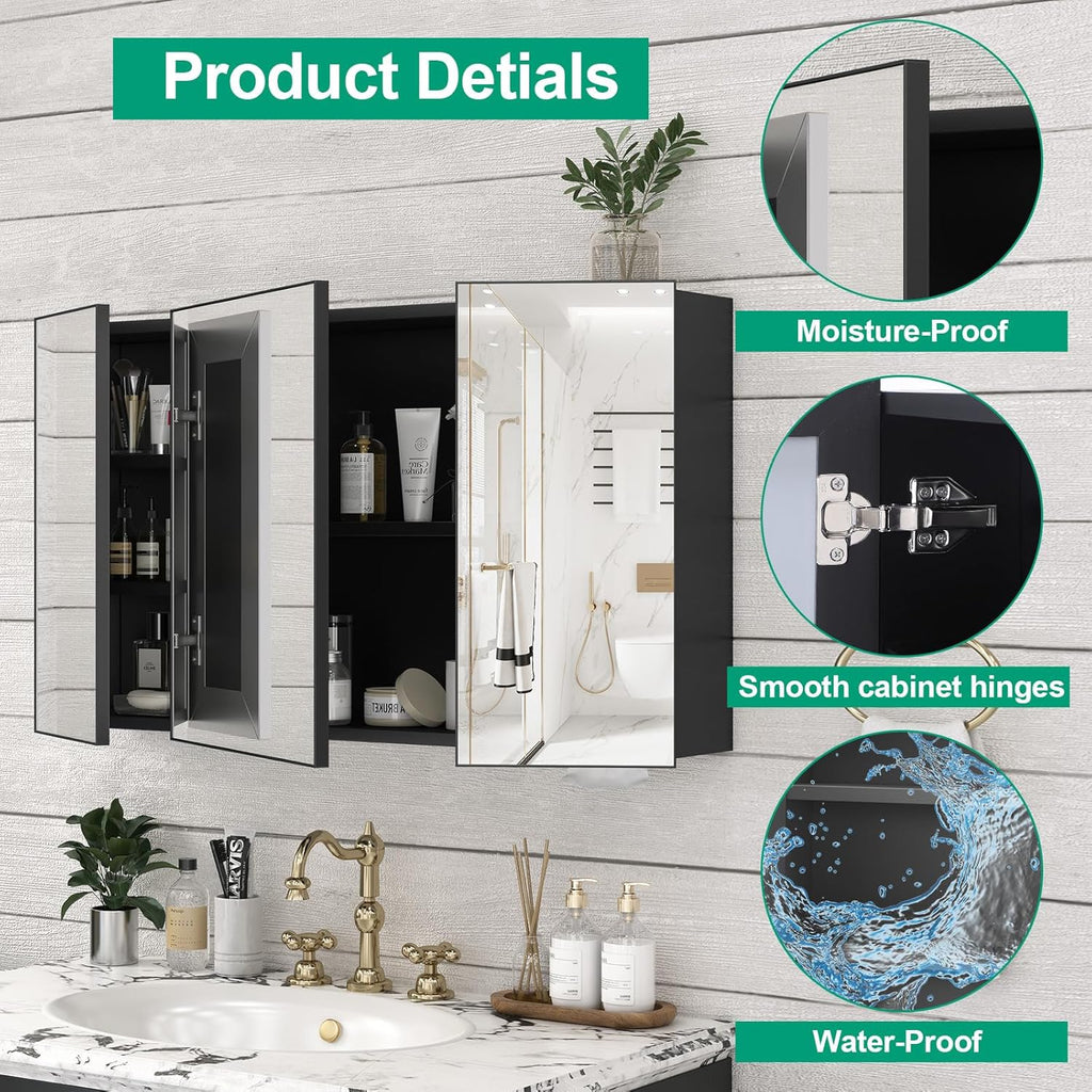 40 x 28 Farmhouse Medicine Cabinet, Tempered Frameless Bathroom Mirror with Storage, Black Recessed or Surface Mount Aluminum Medicine Cabinet for Bathroom Modern-Large