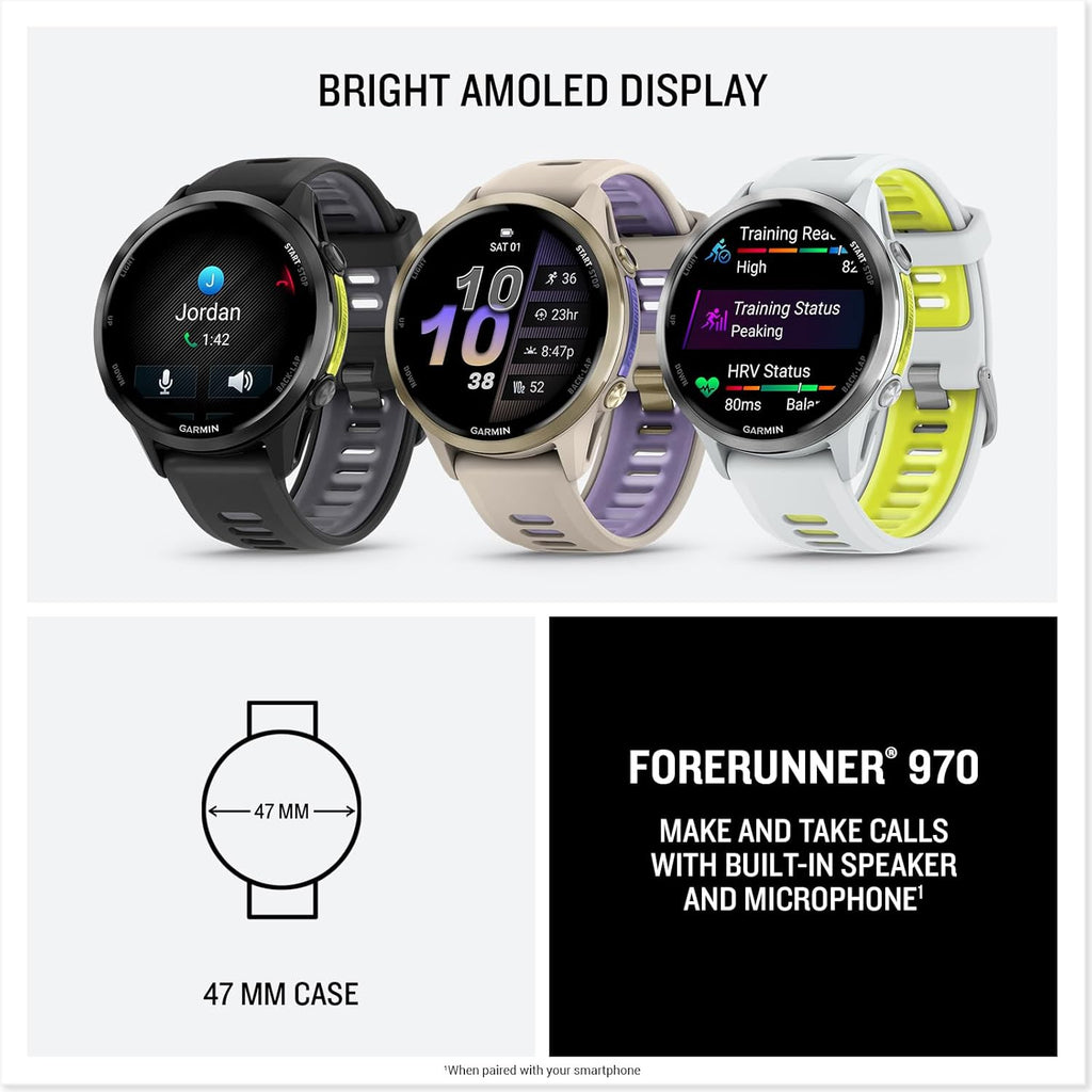 Garmin® Forerunner® 970, Premium GPS Running and Triathlon Smartwatch, AMOLED Display, Built-in LED Flashlight, Soft Gold Titanium with French Gray Case and French Gray/Translucent Indigo Band