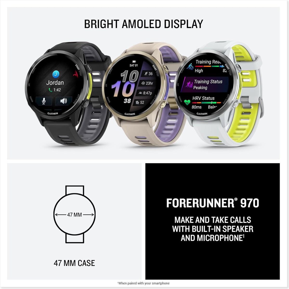 Garmin® Forerunner® 970, Premium GPS Running and Triathlon Smartwatch, AMOLED Display, Built-in LED Flashlight, Soft Gold Titanium with French Gray Case and French Gray/Translucent Indigo Band