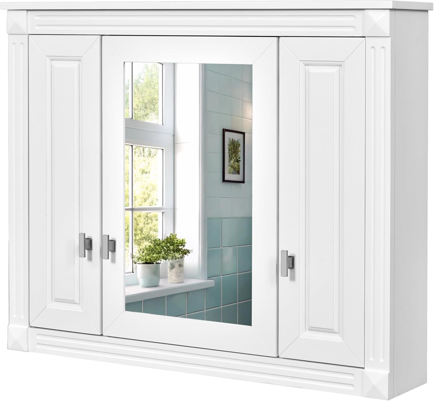 Merax Wall Mounted Bathroom Medicine Cabinet with Mirror, Bathroom Wall Cabinet with Doors and Shelves, 35" x 29" Mirrored Door Over Toilet Storage Cabinet, White